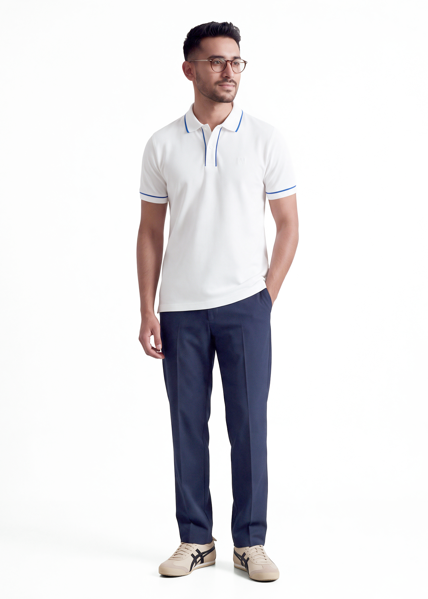 The Outline Polo T-Shirt - White with Cobalt Tipping