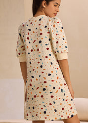Embroidered Terrazzo Pouf Sleeve Dress