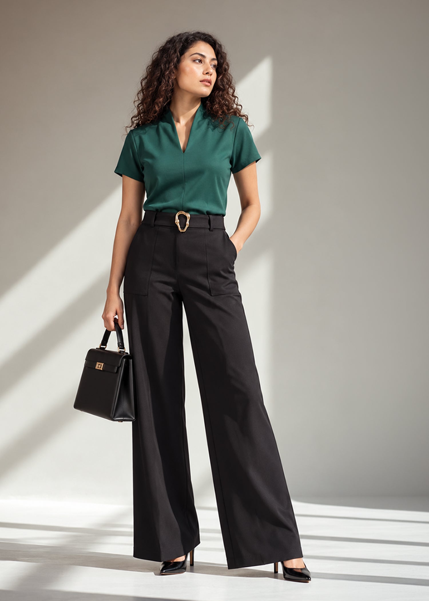 Shawl Collar Top + Belted Wide Leg Pants