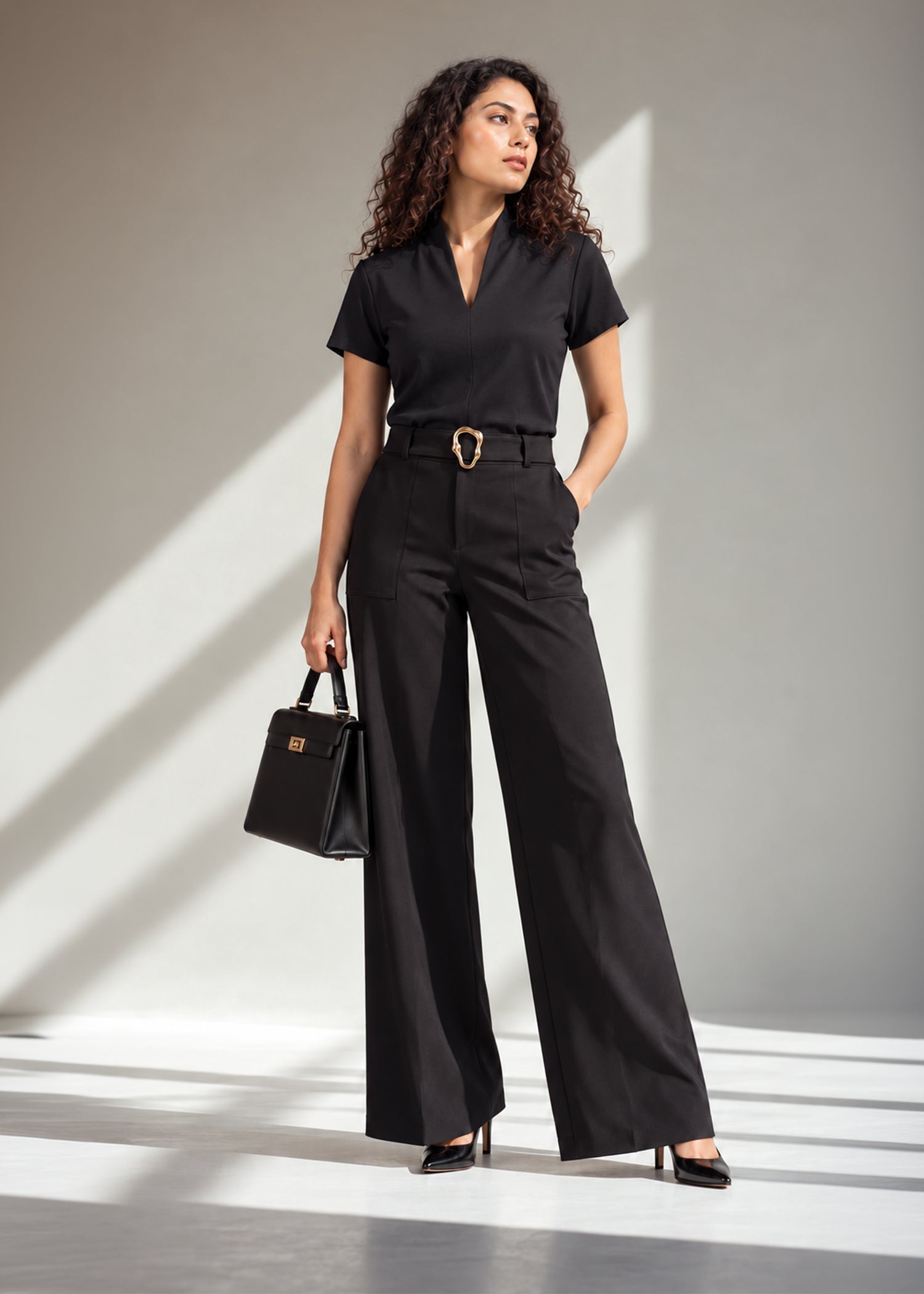 Shawl Collar Top + Belted Wide Leg Pants