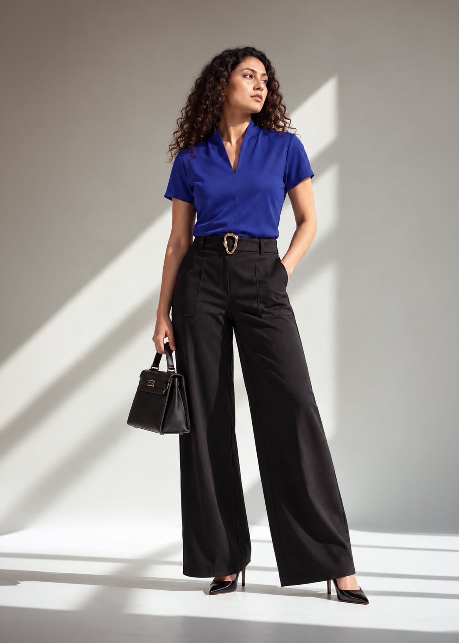 Shawl Collar Top + Belted Wide Leg Pants