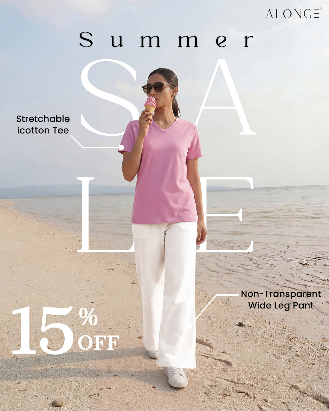 iCotton Signature Vee Neck Tee + Non-Transparent Wide Leg Pants